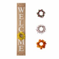 Glitzhome 60 Inch Wooden Welcome Porch Sign with 4 Changeable Wreaths - Natural Wood