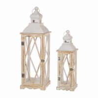 Glitzhome Farmhouse Washed White Wooden Lantern with Metal Lid, Set of Two