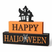 Glitzhome 9.5 Inch Length Happy Halloween Wooden Haunted House Block Sign