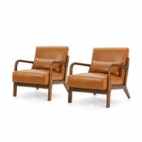 Glitzhome Mid Century Solid Wood Frame Accent Chair Modern Leather Lazy Chair