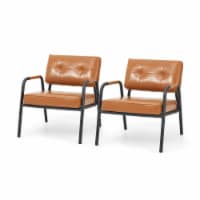 Set of 2 Mid-Century Modern Light Brown Leatherette Arm Accent Chair With Metal Frame