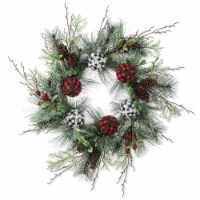 Glitzhome 24 Inch Diameter Frosted Ornament, Berry & Pinecone Wreath