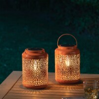 Glitzhome Solar Lights Hanging Lantern Metal Hollowed-Out Design, Set of Two