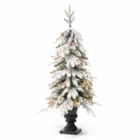 Glitzhome 4 Feet Flocked Fir Christmas Porch Tree with 100 Warm White Lights and Red Berries