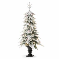 Glitzhome 5 Feet Flocked Fir Christmas Porch Tree with 150 Warm White Lights and Red Berries