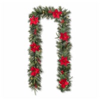Glitzhome 9 Feet Pine Poinsettia and Red Berries Christmas Garland with 70 Warm White Lights