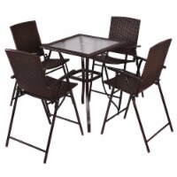 Costway 5PC Rattan Patio Furniture Set 4 Bar Stool Folding Chair and Bar Table W/Glass Top