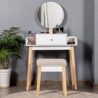 Costway Wooden Vanity Makeup Dressing Table Stool Round w/Drawer