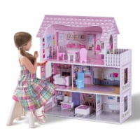 28'' Pink Dollhouse w/ Furniture Gliding Elevator Rooms 3 Levels Young Girls Toy