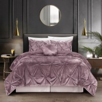 Nilah 5Pc Comforter Set -Shiny Velvet , Pinch Pleated Pintuck blush king/california king