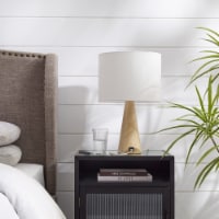 Saraya Table Lamp - 5ft Power Cord, USB Charger , Sturdy Wood Base, Linen Shade , Rotary