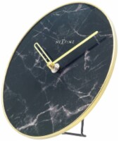 Marble Table 8.27 Round Table Clock, Glass with Black Marble Print, Golden Hands