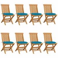 vidaXL Patio Chairs with Light Blue Cushions 8 pcs Solid Teak Wood