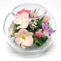 Fiora Flower Long-Lasting Pink Roses and Orchids with Greenery in a Round Glass Vase