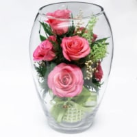 Fiora Flower Long-Lasting Pink Roses in a Elliptical Round Glass Vase