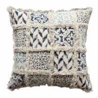18 x 18 Square Cotton Accent Throw Pillow, Fluffy Fringes, Soft Block Print Raised Pattern,