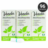 Veeda GMO-Free 100% Natural Cotton Applicator-Free Regular Tampons, Fragrance Free, 96 Count