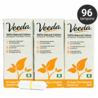 Veeda GMO-Free 100% Natural Cotton Applicator-Free Super Plus Tampons, Unscented, 96 Count