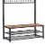 Benjara BM195874 Metal Coat Rack with Wooden Bench - Two Mesh Shelves & Grid Panel - Brown & Perspective: back