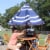 Sunnydaze 9 ft Solar Patio Umbrella with Lights, Tilt, and Crank - Navy Perspective: back