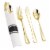 Gold Plastic Cutlery White Napkin Rolls Set - Napkins, Forks, Knives, Spoons (100 Guests) Perspective: front
