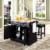 Butcher Block Top Kitchen Island In Black With 24  Black Upholstered Square Seat Stools Perspective: left