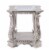 Antique Wooden End Table with Polyresin Engravings and Glass Top, Silver and Clear- Saltoro Perspective: left