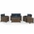 5-Piece Outdoor With Navy Cushions - Loveseat, Two Arm Chairs, Side Table & Glass Top Table Perspective: top
