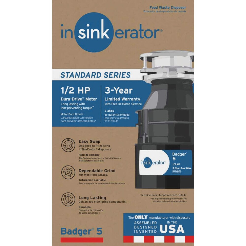 InSinkErator Badger 5 Garbage Disposal, Standard Series 1/2 HP Continuous Feed Food Waste Disposer, Black, Set of 1
