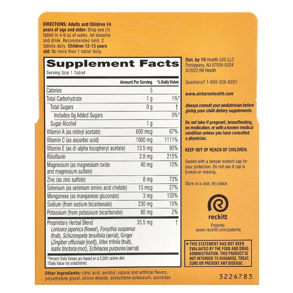 Airborne Zesty Orange Immune Support Supplement Effervescent Tablets, 20 count