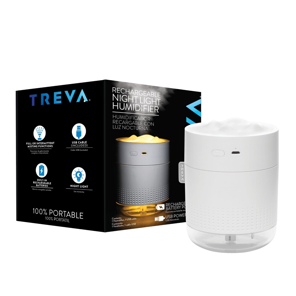 Treva Rechargeable Cool Mist Travel Humidifier with Nightlight, 500 mL