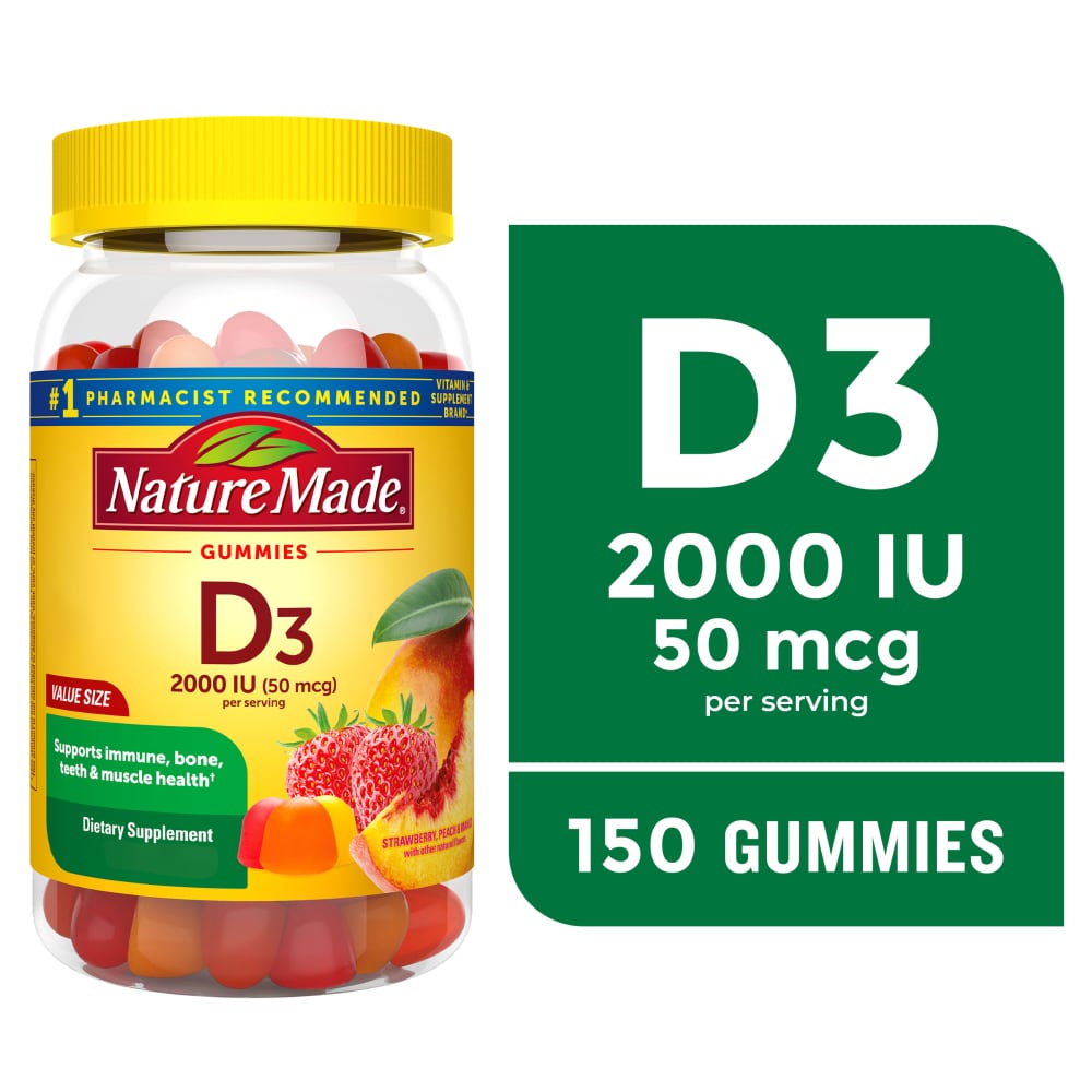 Nature Made Vitamin D3 Strawberry Peach And Mango Flavored Gummies Value Size 50mcg 150 Ct