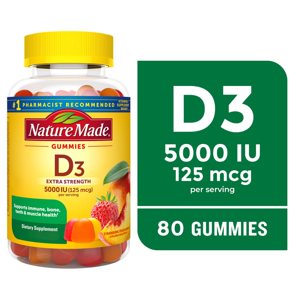 Nature Made Extra Strength Vitamin D3 Strawberry Peach Mango Flavored Gummies 125mcg 80 Ct