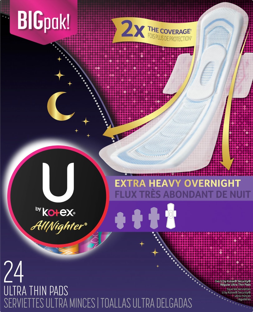 King Soopers U By Kotex Allnighter Extra Heavy Overnight Ultra Thin Pads 24 Ct