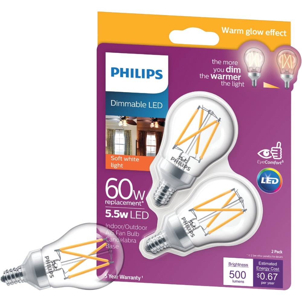 Philips 5 5 Watt 60 Watt Candelabra Base Ceiling Fan A15 Led Light Bulbs 2 Pk