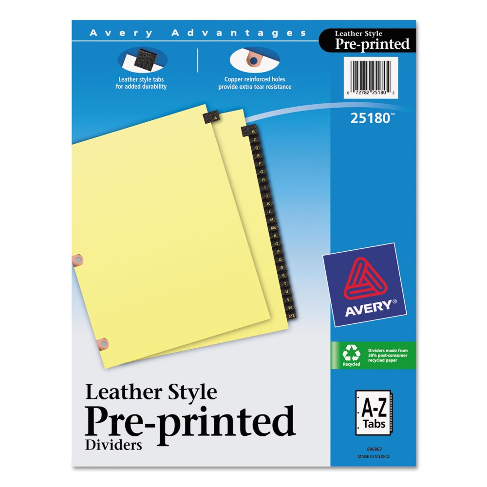 Preprinted Black Leather Tab Dividers w/Copper Reinforced Holes, 25-Tab, A to Z, 11 x 8.5, Buff, 1 Set