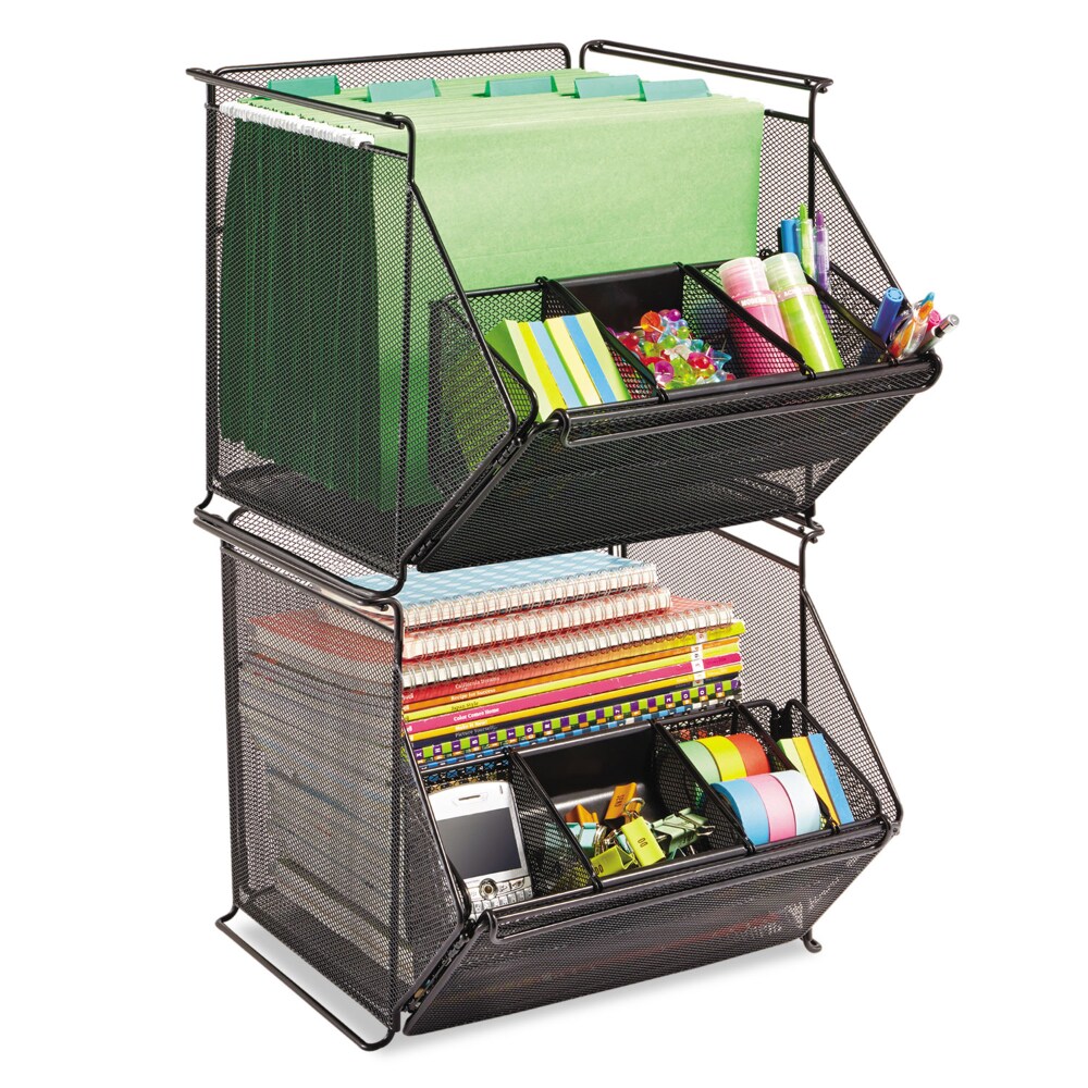 Onyx Stackable Mesh Storage Bin, 4 Compartments, Steel Mesh, 14 x 15.5 x 11.75, Black Onyx Stackable Mesh Storage Bin, 4 Compartments, Steel Mesh, 14 x 15.5 x 11.75, Black