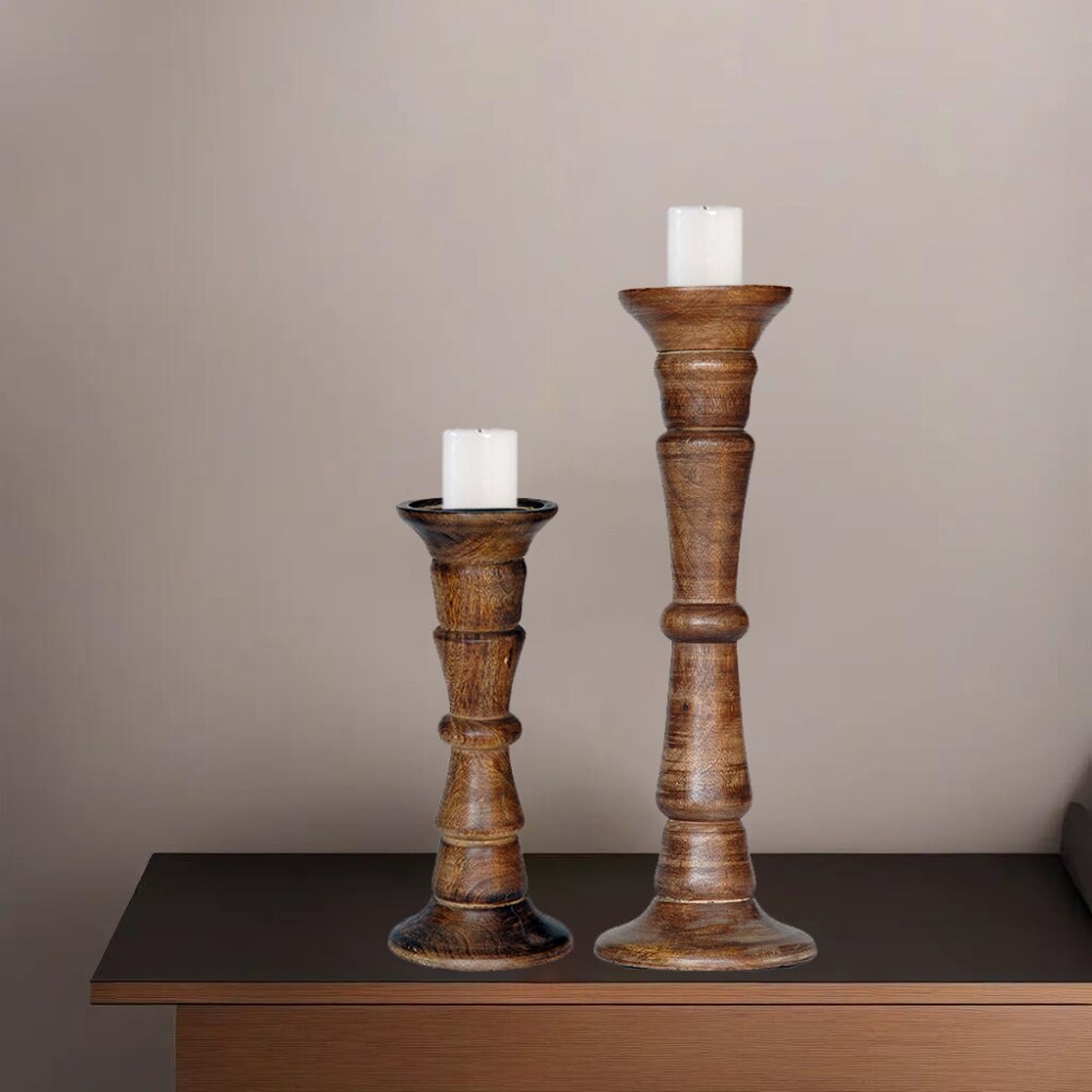 Eco-Friendly Handmade Mango Wood Pillar Candle Holders Set