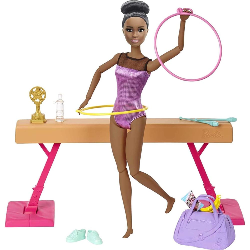 Barbie Gymnastics Playset: Brunette Doll with Twirling