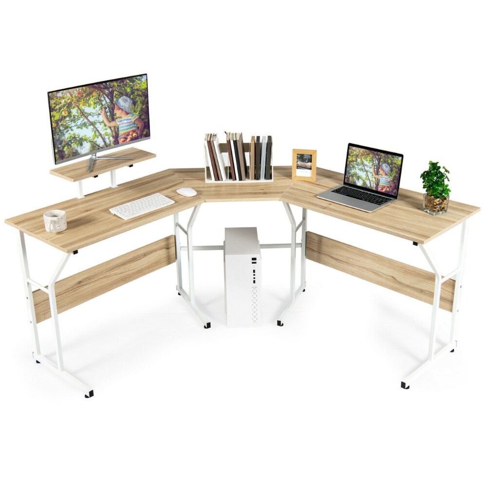 88.5 L Shaped Reversible Computer Desk 2 Person Long Table Monitor Stand Oak 1 unit Gerbes Super Markets
