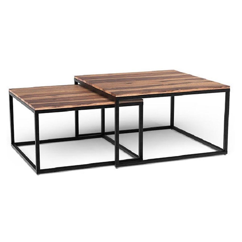 Set Of 2 Squared Off Natural Wood Nesting Coffee Tables