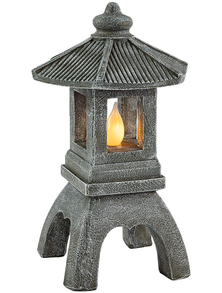 VP Home Solar Powered Pagoda Zen Garden Statue - Japanese Garden Decor With Flickering LED Light - Water-Resistant Outdoor Lantern For Patio, Lawn, And Porch - 13x6x6-Inch (Tranquil Vision Pagoda