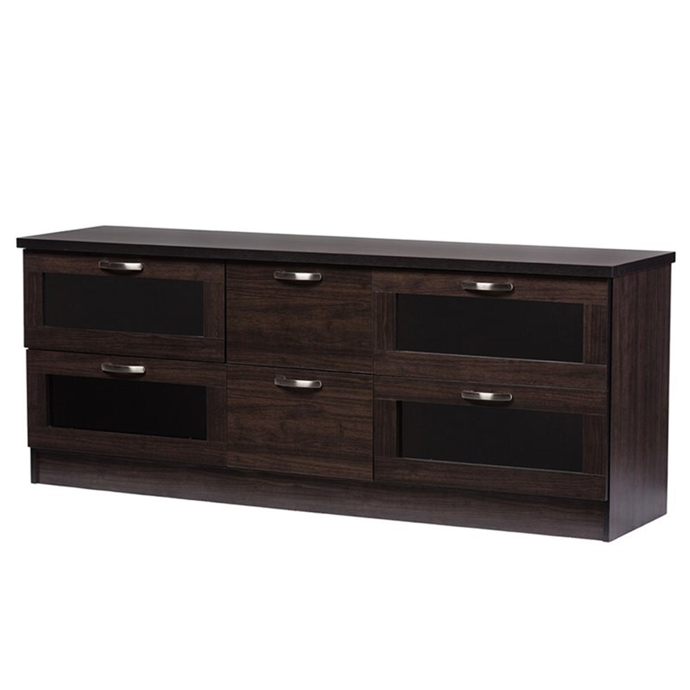 Baxton Studio Adelino 63 Inches Dark Brown Wood TV Cabinet with 4 Glass Doors and 2 Drawers