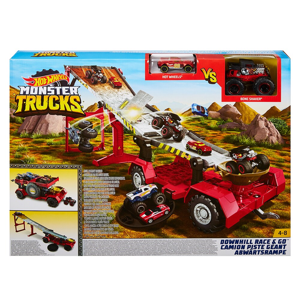hot wheels monster trucks downhill race & go playset