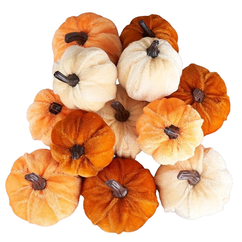 12pcs Pumpkin Decor: Artificial Fake Faux Velvet Foam Fabric Pumpkins For Fall Home Farmhouse Harvest Thanksgiving Decoration