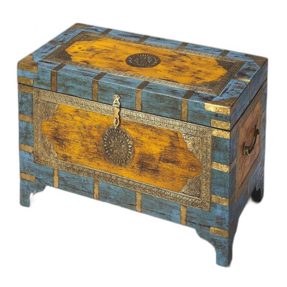 Hand Painted Brass Inlay Solid Wood Storage Trunk Hand Painted Brass Inlay Solid Wood Storage Trunk